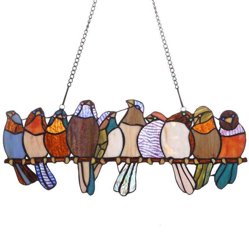 Bieye W10002 Tropical Birds Tiffany Style Stained Glass Window Panel Hangings with Chain, 19" W x 11.4" H - Image 1